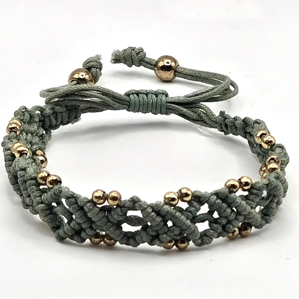 Set of 2 Macrame Cord‎ Bracelets Sage Green Agate Bar Gold Bead Adjustable Woven